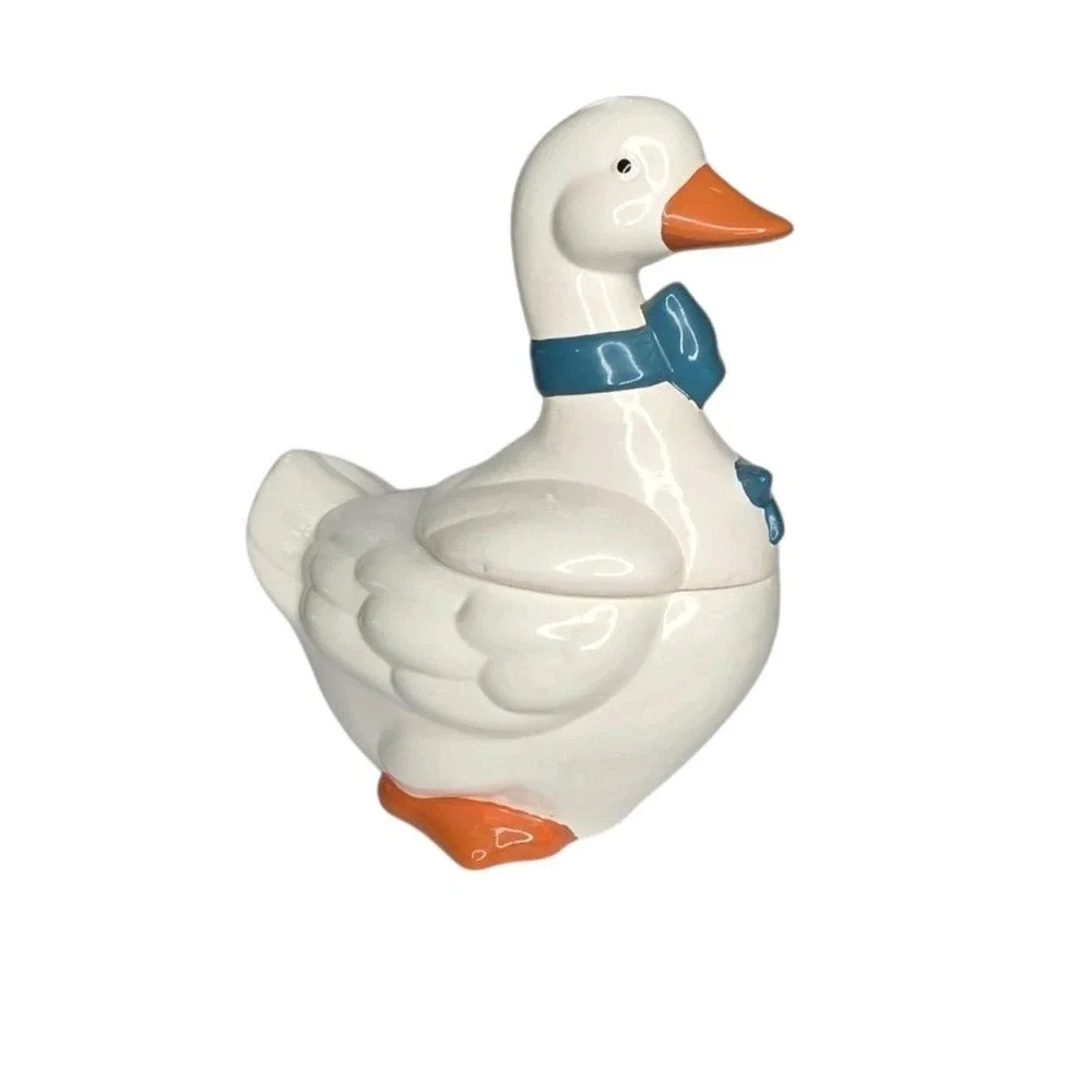 VTG Mother Goose Ceramic Cookie Jar Blue Ribbon Bow Orange Feet Cottagecore